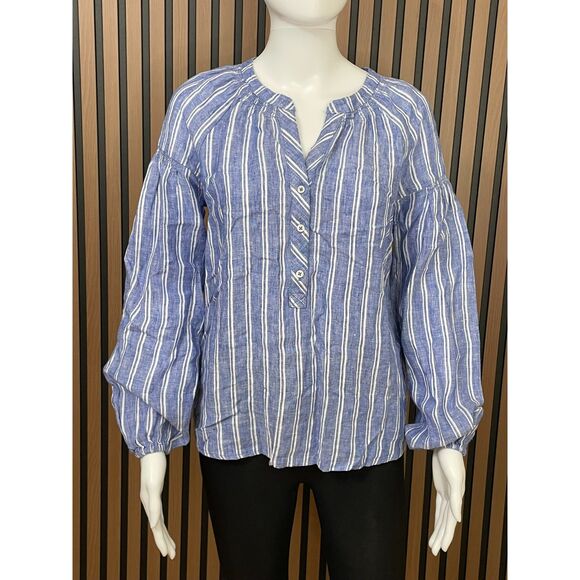 Talbots Women's XS Blue Blouse Linen Top Lantern Sleeve Petal Stripe Cocktail - Picture 1 of 9
